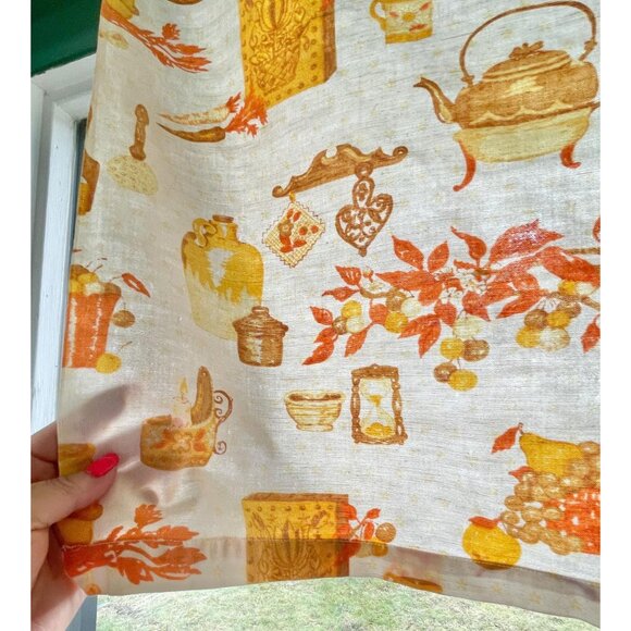 Vintage 1970s curtain, brown orange kitchen appliances pattern, rod header panel - Picture 2 of 10